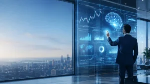Business professional interacting with a futuristic digital AI interface displaying a glowing neural network, data charts, graphs, and analytics, symbolizing artificial intelligence in finance and strategic decision-making.