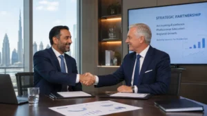 FGZ and SOPA UK Strategic Partnership Meeting Two male executives in business suits shaking hands across a conference table in a modern office with a city skyline visible through the window. Documents and a laptop are on the table, and a large screen behind them displays a slide titled 'Strategic Partnership' with bullet points on accounting excellence, professional education, and regional growth