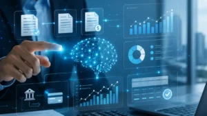Business professional interacting with a digital AI interface showing data charts, graphs, and analytics, representing AI-powered financial insights and automation in accounting
