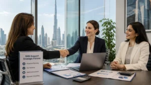 Three professional women seated at a conference table in a modern office, with one woman shaking hands with another. Laptops, documents, and coffee cups are on the table. A poster on the table highlights FGZ Accounting & Auditing LLC’s SME support services. The Dubai skyline is visible through the window behind them, emphasizing a corporate setting.