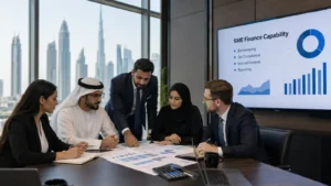 SME Growth and Economic Development Meeting "A group of five business professionals, including men and women in business attire and a man wearing traditional Middle Eastern clothing, are seated around a conference table reviewing documents. A presentation screen behind them displays charts and graphs titled 'SME Finance Capability.' The office has a view of a city skyline through large windows