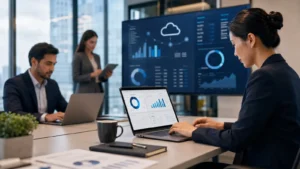 Business professionals working on laptops and reviewing financial charts on a large screen, illustrating IFRS compliance and corporate financial reporting
