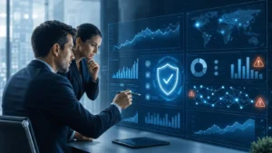 Two business professionals analyzing a large digital dashboard with data charts, graphs, global network visuals, and security icons, representing AI-powered analytics and financial intelligence for decision-making.