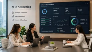 Three professional women seated around a conference table in a modern office, engaged in a discussion. Two laptops, notebooks, and coffee cups are on the table. A large screen on the wall behind them displays financial analytics, charts, and compliance metrics