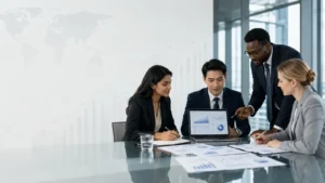 Business professionals in a meeting reviewing financial documents and charts on a laptop, illustrating IFRS compliance and corporate financial reporting