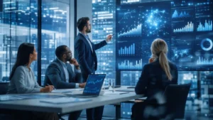 Business meeting with professionals analyzing a large digital AI interface displaying data charts, graphs, and predictive analytics, illustrating AI-driven financial decision-making and strategic planning.