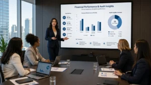Five professional women in a modern office conference room, sitting around a table with laptops, notebooks, and documents. One woman is standing and presenting financial charts on a large screen behind her, showing graphs and audit insights. The Dubai skyline is visible through the window, highlighting a corporate setting.