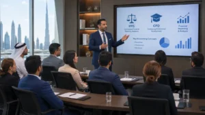 Company training session on IFRS and financial reporting. A professional business presentation in a modern conference room. A man in a suit is standing and pointing at a large screen displaying financial and accounting concepts, including IFRS, CPD, and financial reporting charts. Several colleagues, dressed in business attire, are seated around a table, attentively watching the presentation. Floor-to-ceiling windows show a city skyline with tall buildings in the background