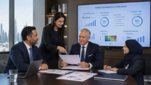 A professional business meeting in a modern office with a city skyline visible through the window. Four diverse executives—two men in suits, one woman in a black blazer, and one woman wearing a hijab—are reviewing documents around a conference table. A large screen behind them displays charts and graphs labeled 'Finance Governance & Compliance,' showing financial performance, internal controls, risk overview, and compliance status