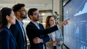 Four business professionals, two men and two women, standing in an office and analyzing financial data displayed on a large touchscreen monitor showing charts and graphs