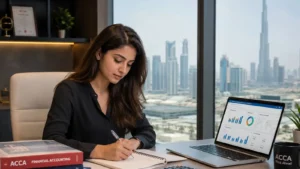 A professional woman seated at a desk in a modern office with a city skyline view, working on a laptop displaying finance charts and graphs. An ACCA study guide is placed on the desk, representing professional finance education and online learning