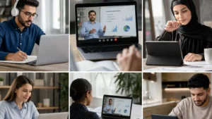 "Collage of six images showing diverse students engaged in online finance learning: individuals studying on laptops, attending virtual classes, taking notes, and interacting with digital learning platforms, representing ACCA education and professional development in the UAE and GCC