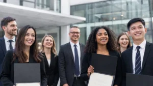 A diverse group of young finance professionals standing outside a modern office building, holding ACCA certificates, smiling and celebrating achievement, representing success in professional finance education