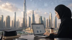A finance professional wearing a hijab working on a laptop with ACCA study materials, seated in a modern office with a panoramic view of Dubai skyline, representing online finance education and professional development