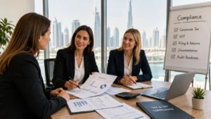 Three professional women seated at a conference table in a modern office, discussing accounting documents. Laptops, notebooks, and coffee cups are on the table. A poster behind them displays FGZ Accounting services: “Intelligent Automation, Real-time Analytics, Accurate & Compliant