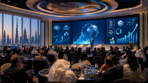 Business professionals attending a conference with a large screen displaying global financial and data analytics visuals