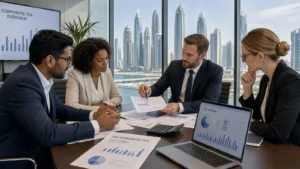 Business meeting in a modern office with city skyline view, professionals discussing documents and financial charts on a laptop