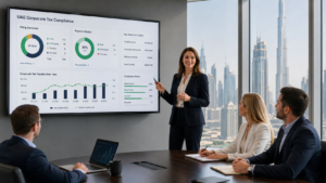 UAE Corporate Tax Presentation – Key Compliance and Financial Overview Business professionals attending a presentation on UAE Corporate Tax, viewing charts and compliance data on a large screen