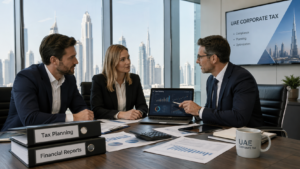 UAE Corporate Tax – Team Meeting on Tax Planning and Financial Reports "Business professionals discussing UAE corporate tax planning with financial reports, laptops, and binders on a conference table.