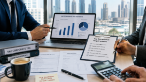 UAE Corporate Tax – Key Compliance Documents and Financial Overview Professionals reviewing UAE corporate tax documents, key compliance requirements, and financial statements on a laptop and clipboard