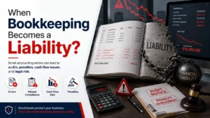 When Bookkeeping Becomes a Liability – Illustration of Financial Risk Open accounting ledger chained to a rock labeled "Liability" with red declining graphs, calculator, audit notices, and penalty assessment illustrating financial risk